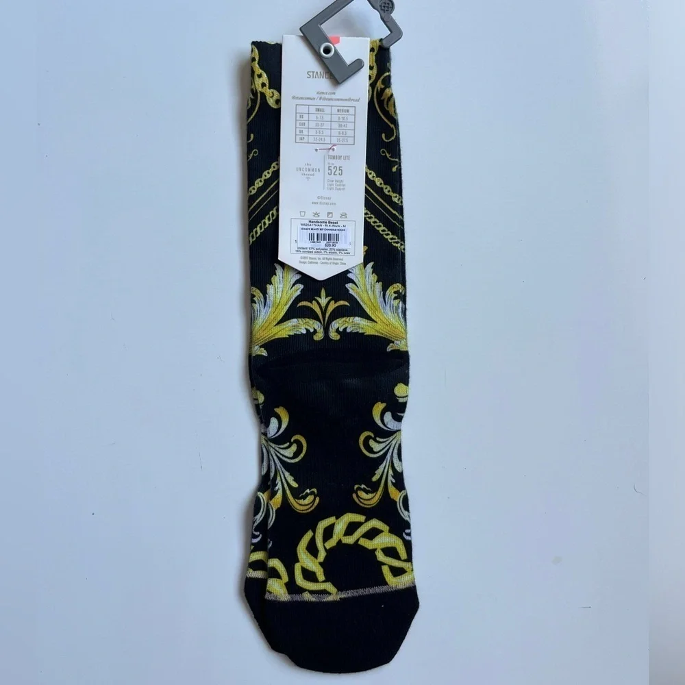 NWT DISNEY Stance Black and Gold Baroque Crew Socks beauty and the beast